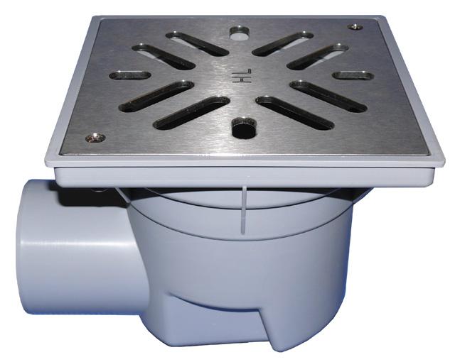 HL605S Perfekt lefolyó DN110 vízszintes kimenettel, 244x244mm műanyag kerettel, 226x226mm nemesacél ráccsal, mechanikus bűzzárral, szemétfogó kosárral.