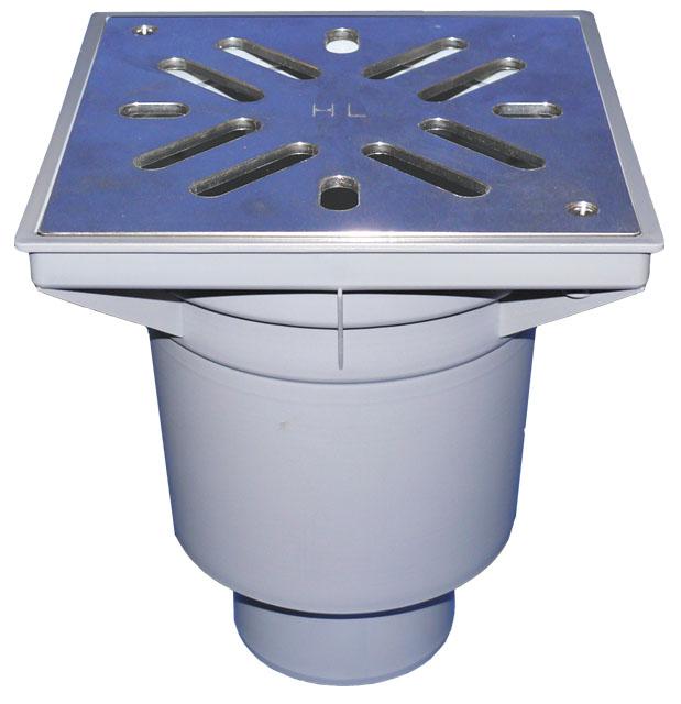 HL606SW/1 Perfekt lefolyó DN110 függőleges kimenettel, 244x244mm műanyag kerettel, 226x226mm nemesacél ráccsal, vízbűzzárral, szemétfogó kosárral