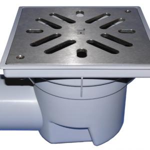 HL605S Perfekt lefolyó DN110 vízszintes kimenettel, 244x244mm műanyag kerettel, 226x226mm nemesacél ráccsal, mechanikus bűzzárral, szemétfogó kosárral.